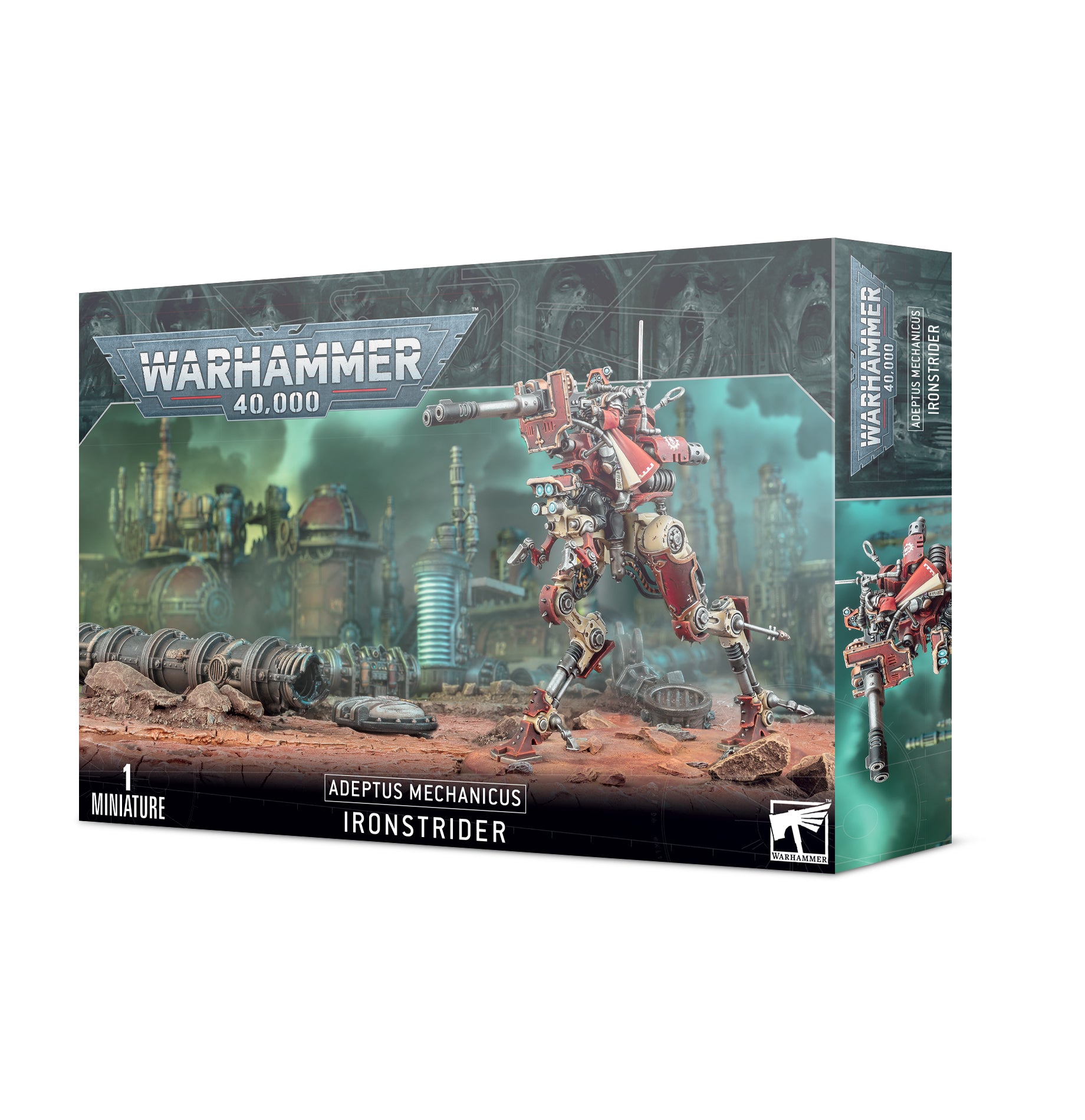 Warhammer 40,000 - Adeptus Mechanicus - Ironstrider - Warhammer 40,000 Adeptus Mechanicus Ironstrider model kit box art with red mechanical walker on battlefield.