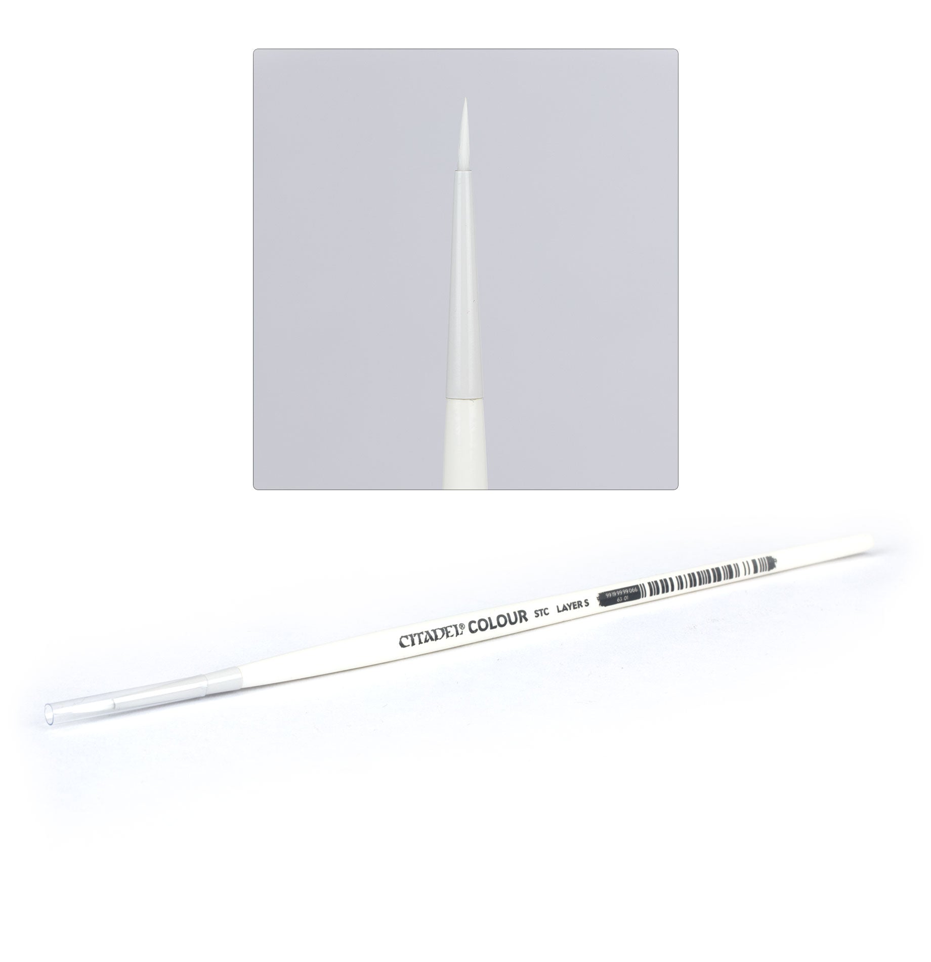 Citadel - Small Synthetic Layer Brush - Small synthetic paintbrush with white handle and fine pointed bristles, Citadel brand.