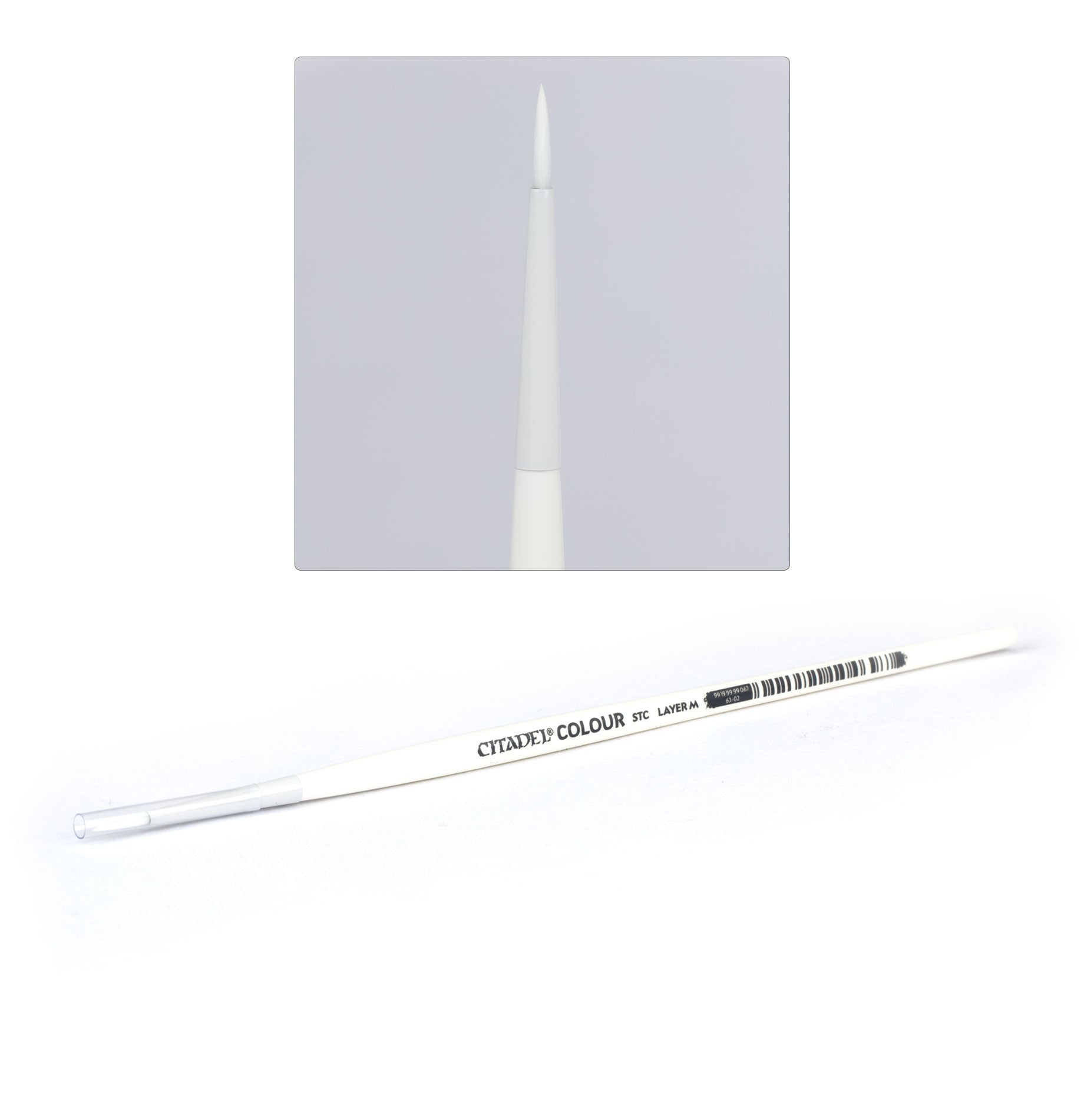 Citadel - Medium Synthetic Layer Brush - White synthetic paintbrush with pointed medium-sized bristles and white handle labeled Citadel Colour Medium Layer Brush.