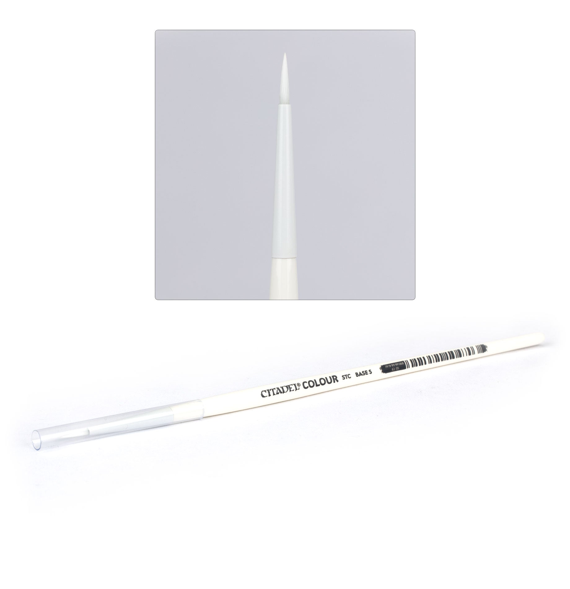 Citadel - Small Synthetic Base Brush - White-handled Citadel small synthetic paintbrush with fine pointed tip on light gray background.