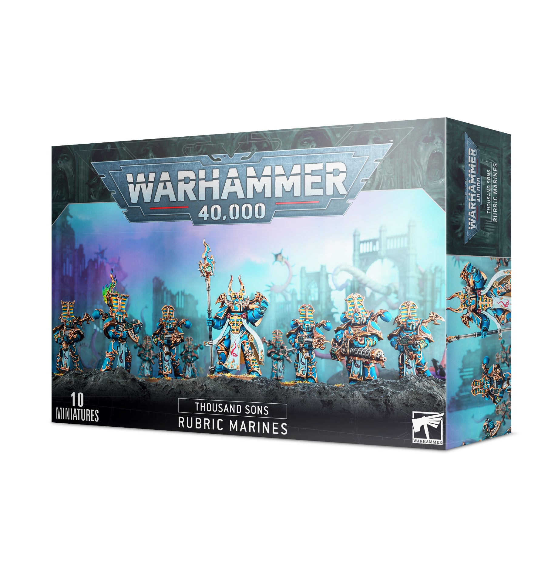 Warhammer 40,000 - Thousand Sons - Rubric Marines - Warhammer 40,000 Thousand Sons Rubric Marines boxed set featuring painted blue and gold armored miniatures with mystical.