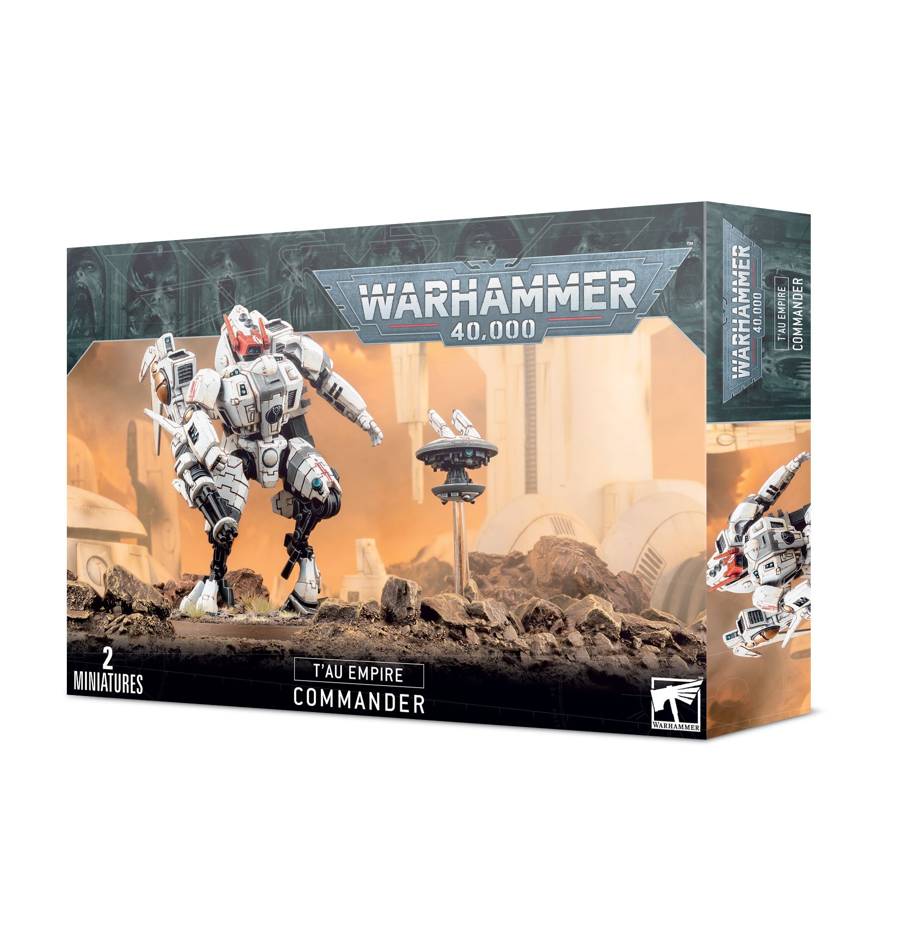 Warhammer 40,000 - T'au Empire - Commander - Warhammer 40,000 T'au Empire Commander miniature box with robotic figure and drone on battlefield background.