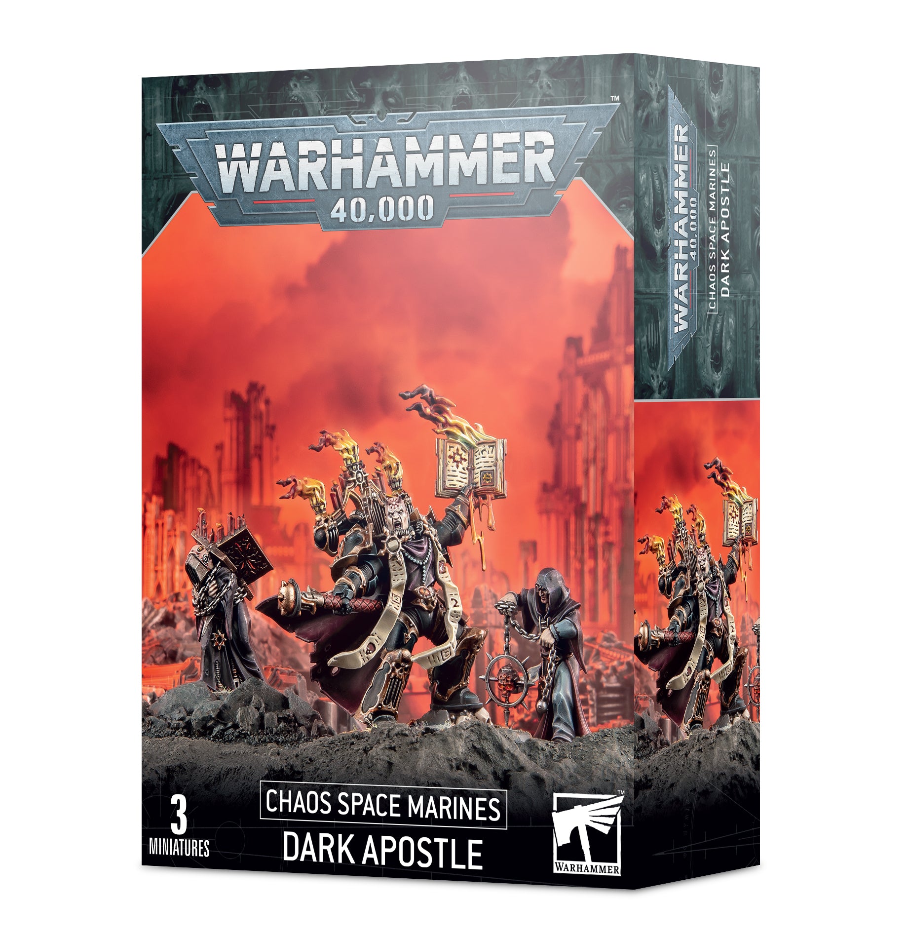 Warhammer 40,000 - Chaos Space Marines - Dark Apostle - Warhammer 40,000 Chaos Space Marines Dark Apostle box art with three miniature figurines on a fiery battlefield background.
