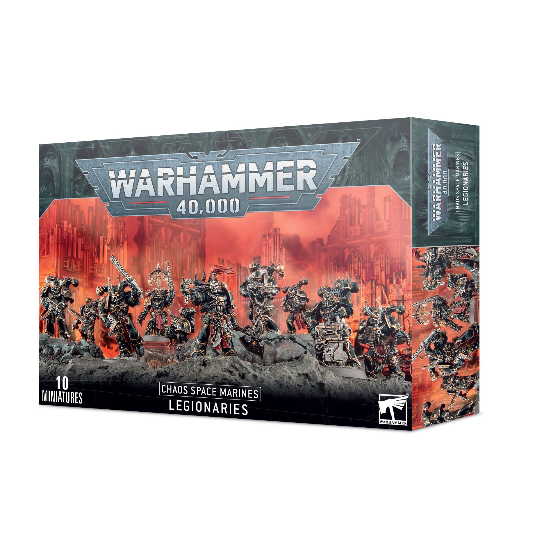 Warhammer 40,000 - Chaos Space Marines - Legionaries - Warhammer 40,000 Chaos Space Marines Legionaries box art featuring dark armored figures with weapons in a fiery battlefield.
