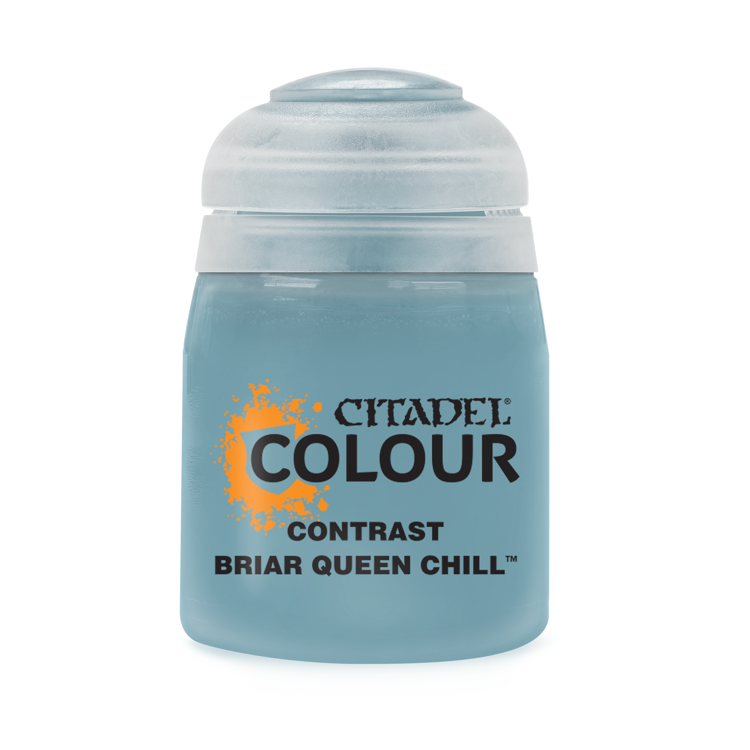 Citadel Contrast Paint: Briar Queen Chill - Small frosted blue paint pot labeled Citadel Colour Contrast Briar Queen Chill with clear lid.