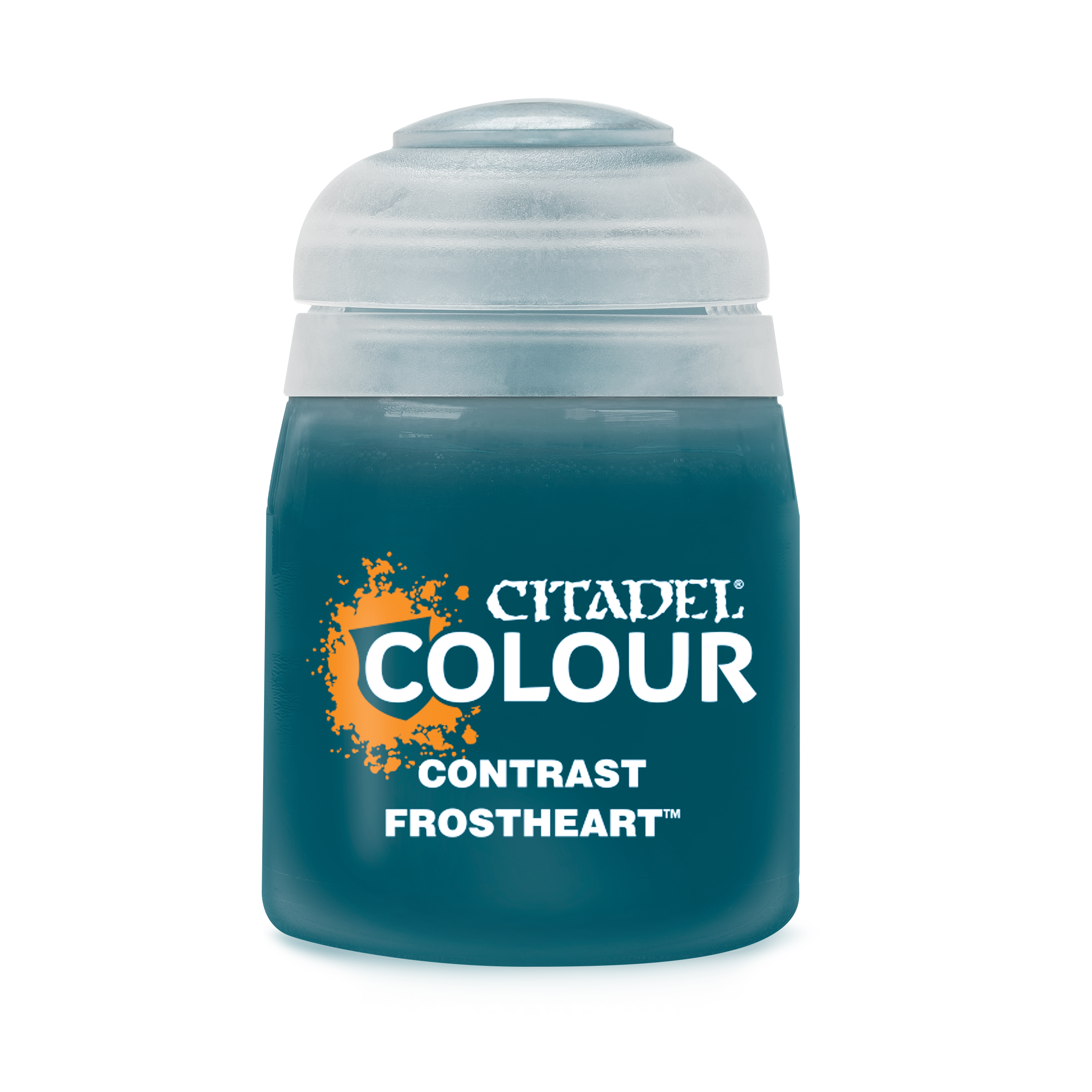 Citadel Contrast Paint: Frostheart - Citadel Colour Contrast paint pot in Frostheart blue with clear snap lid.
