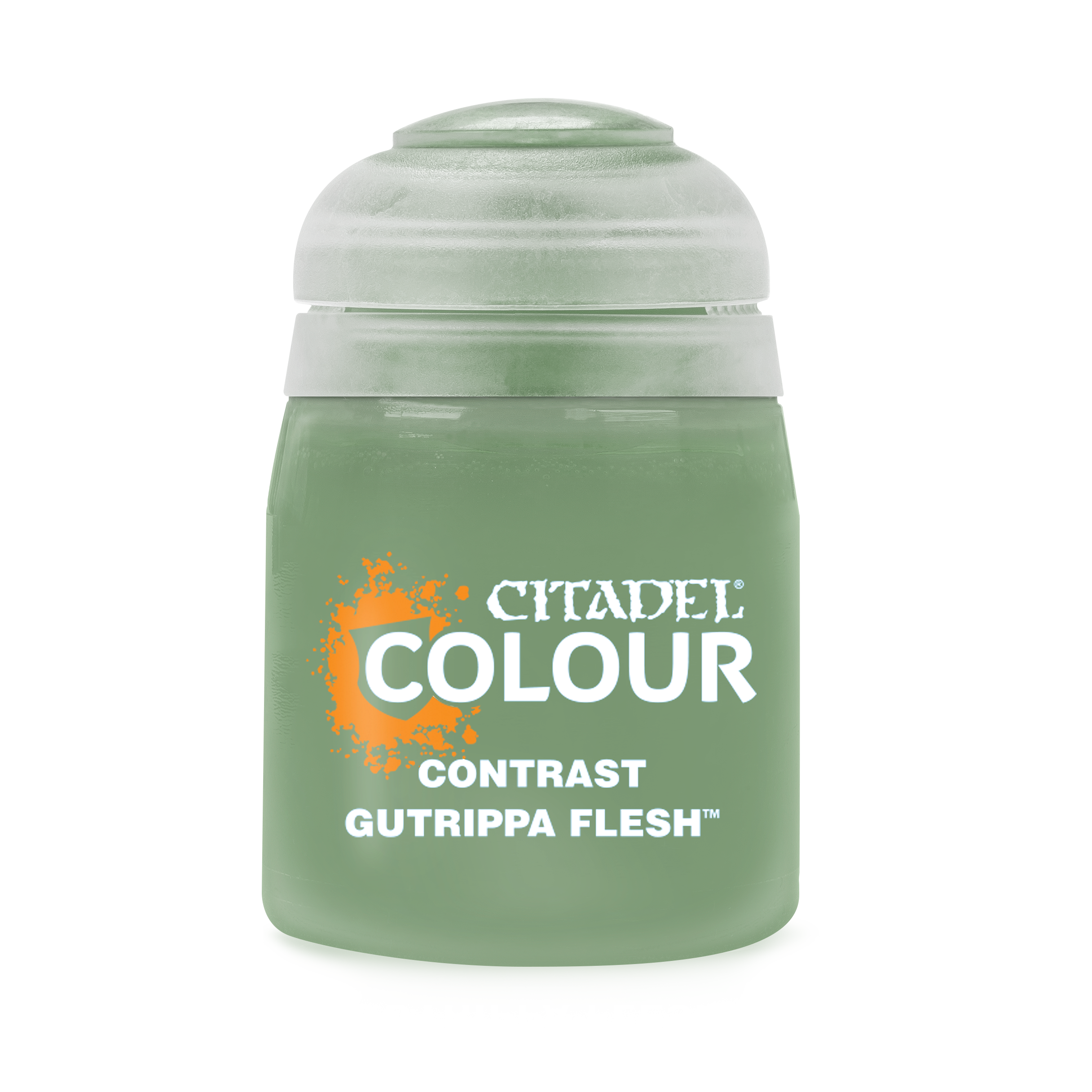 Citadel Contrast Paint: Gutrippa Flesh - Small frosted plastic pot of Citadel Colour Contrast paint in Gutrippa Flesh with green cap and orange logo text.