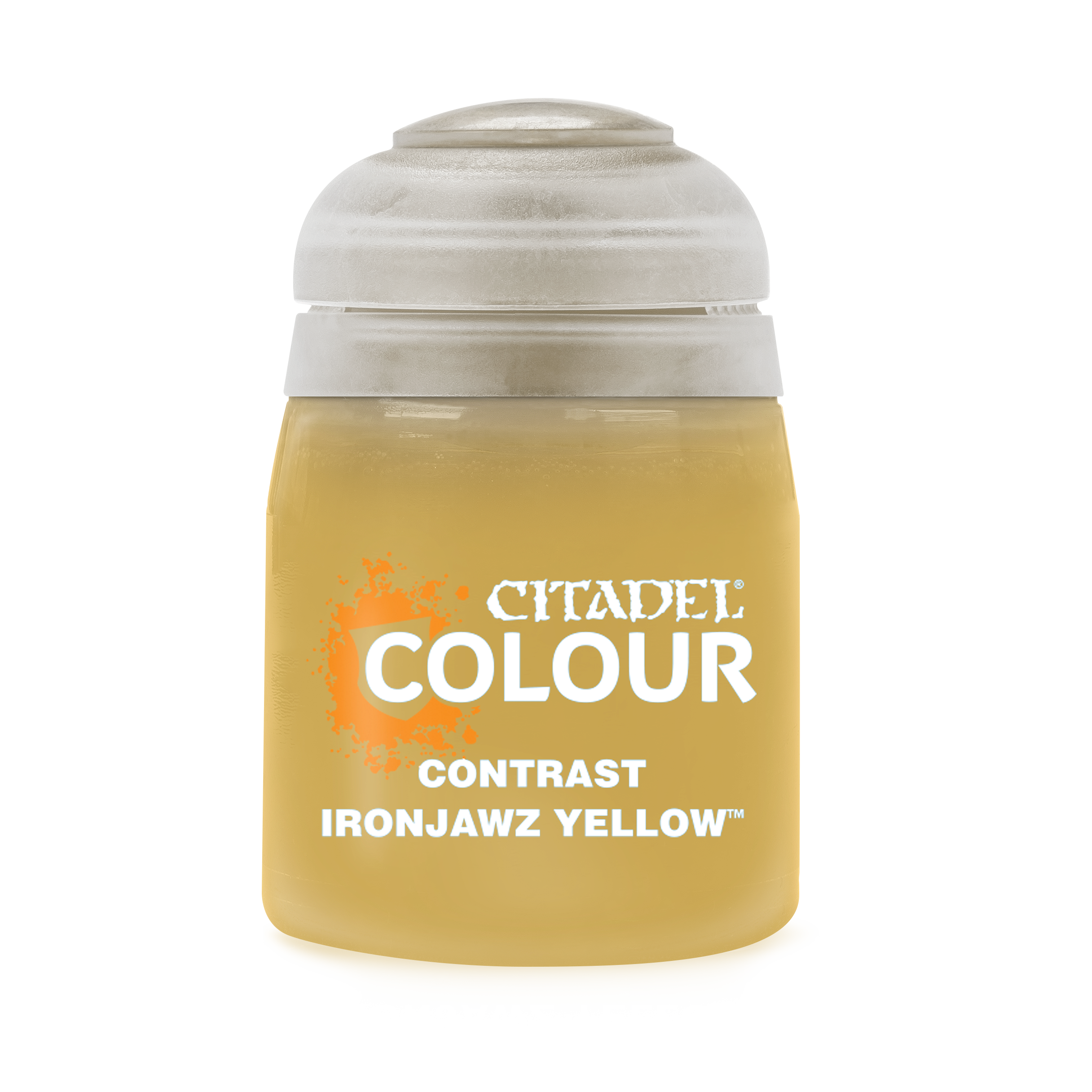 Citadel Contrast Paint: Ironjawz Yellow - Citadel Colour Contrast Paint pot in Ironjawz Yellow with white lid and orange logo.