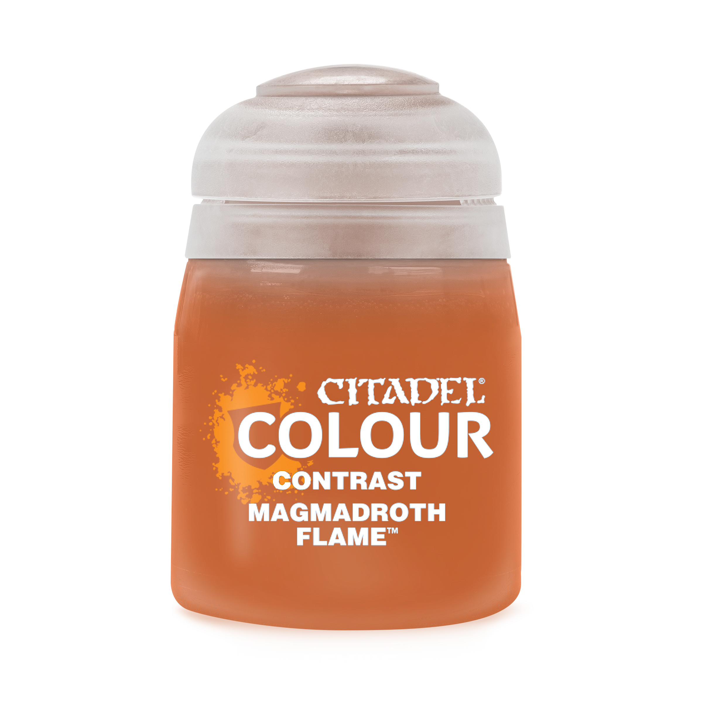 Citadel Contrast Paint: Magmadroth Flame - Opaque orange paint pot with white lid labeled Citadel Colour Contrast Magmadroth Flame.
