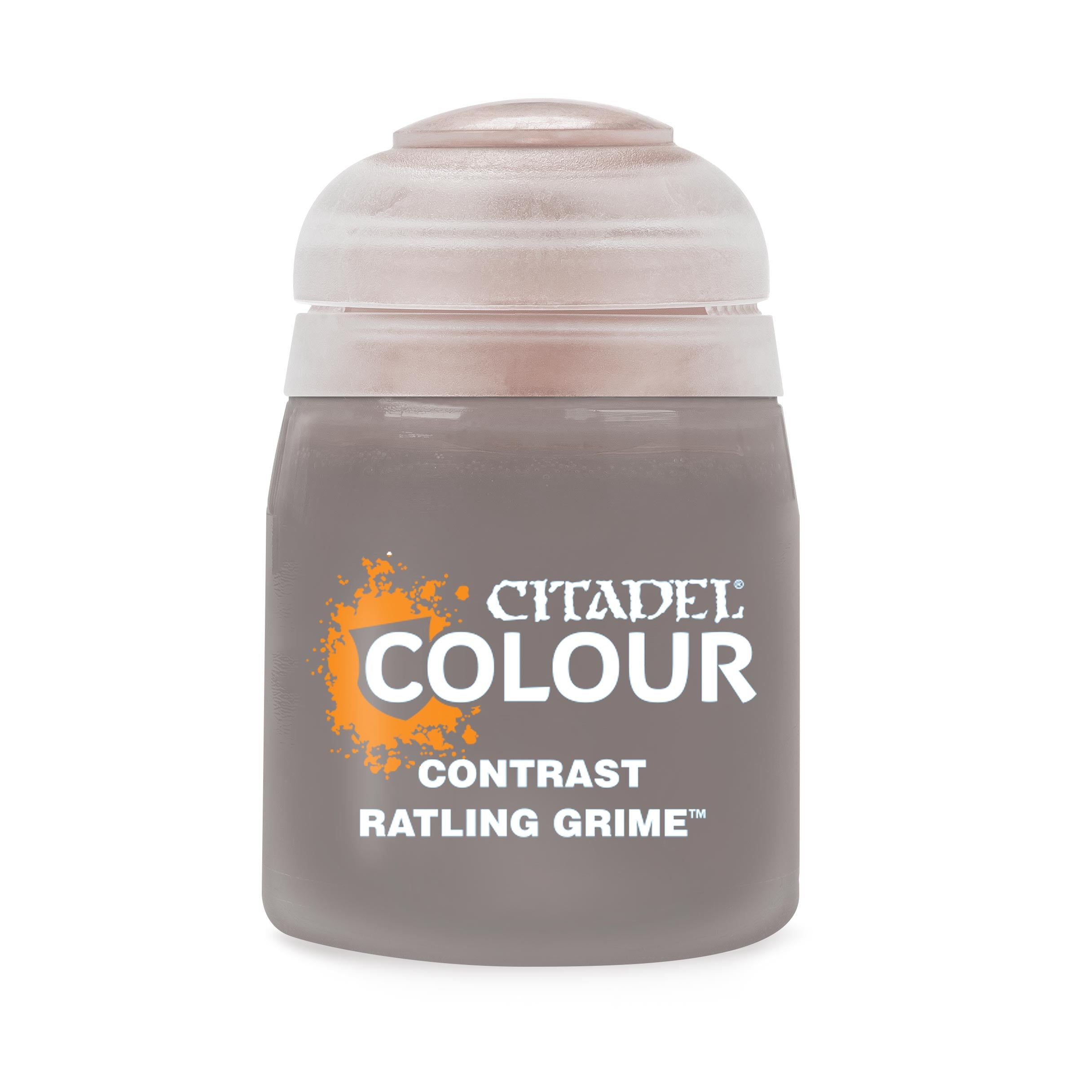 Citadel Contrast Paint: Ratling Grime - Small clear plastic jar of Citadel Colour Contrast Ratling Grime paint with grayish-brown liquid inside and white printed.