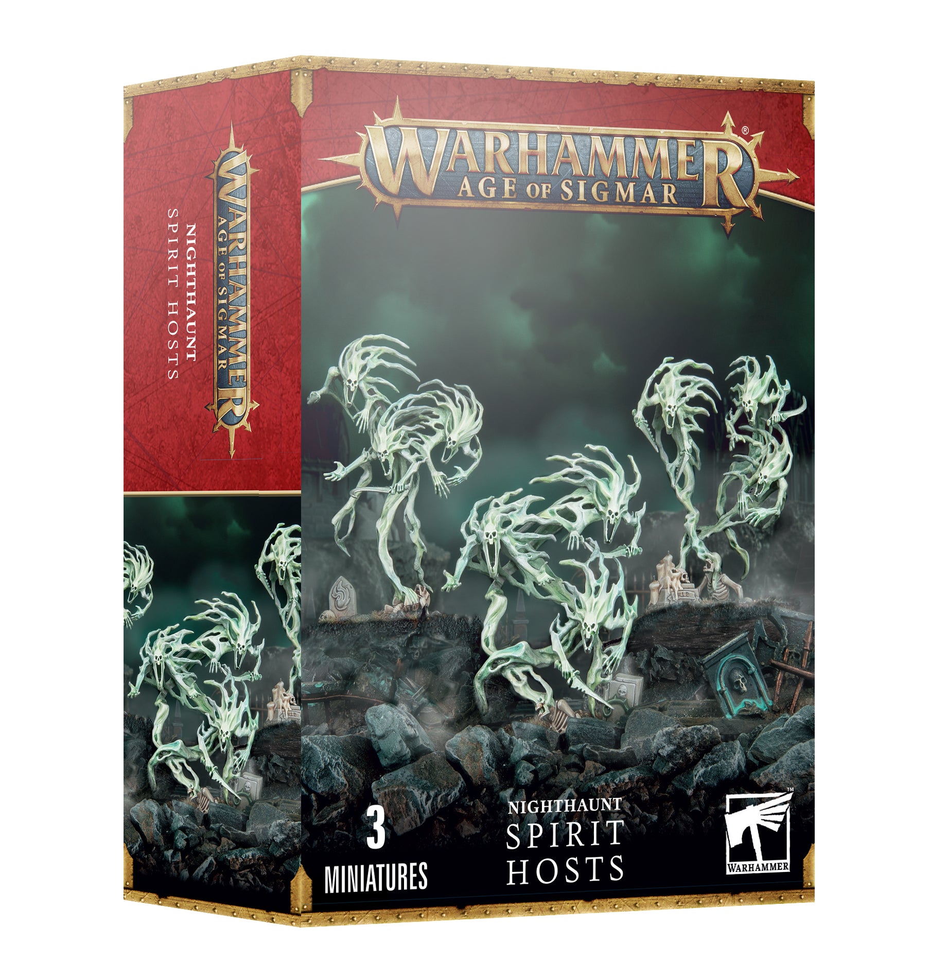 Warhammer Age of Sigmar - Nighthaunt - Spirit Hosts - Warhammer Age of Sigmar Nighthaunt Spirit Hosts box with three ghostly miniatures on dark rocky base.