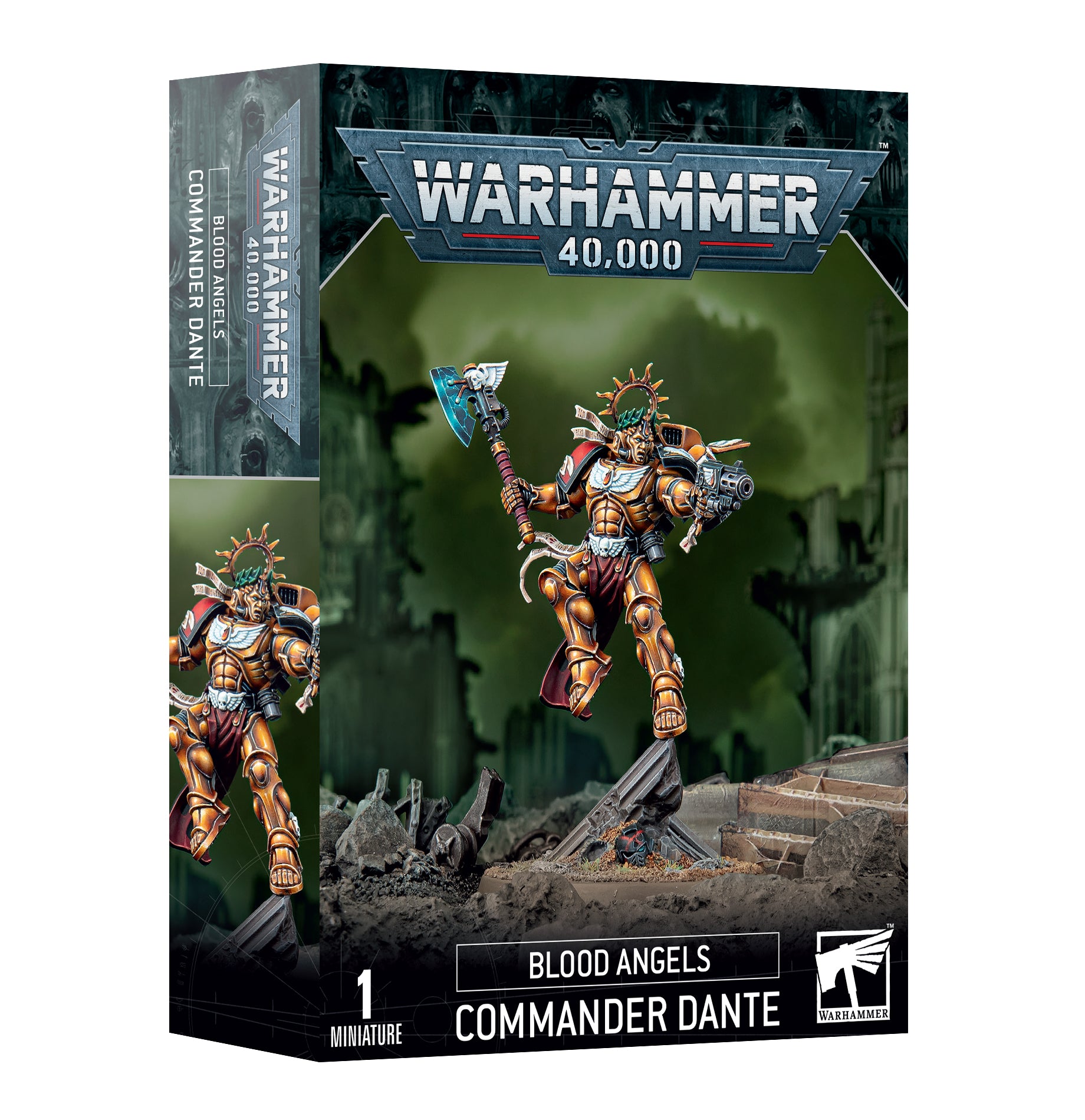 Warhammer 40,000 - Blood Angels - Commander Dante - Warhammer 40,000 Blood Angels Commander Dante figure box with detailed miniature and dark battlefield background.
