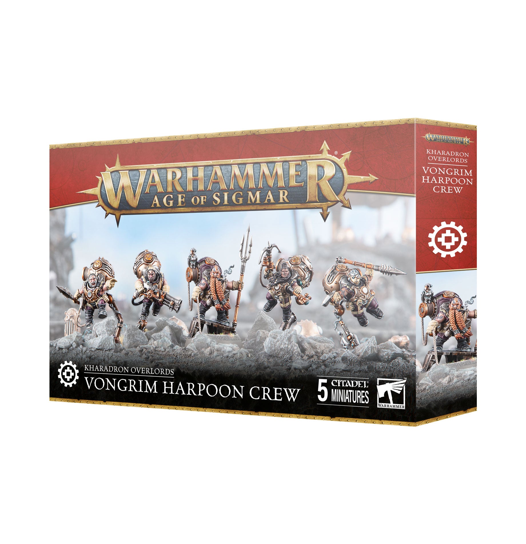 Warhammer Age of Sigmar - Kharadron Overlords - Vongrim Harpoon Crew - Boxed set of five painted Kharadron Overlords miniatures with bronze armor and harpoons on a snowy battlefield background.