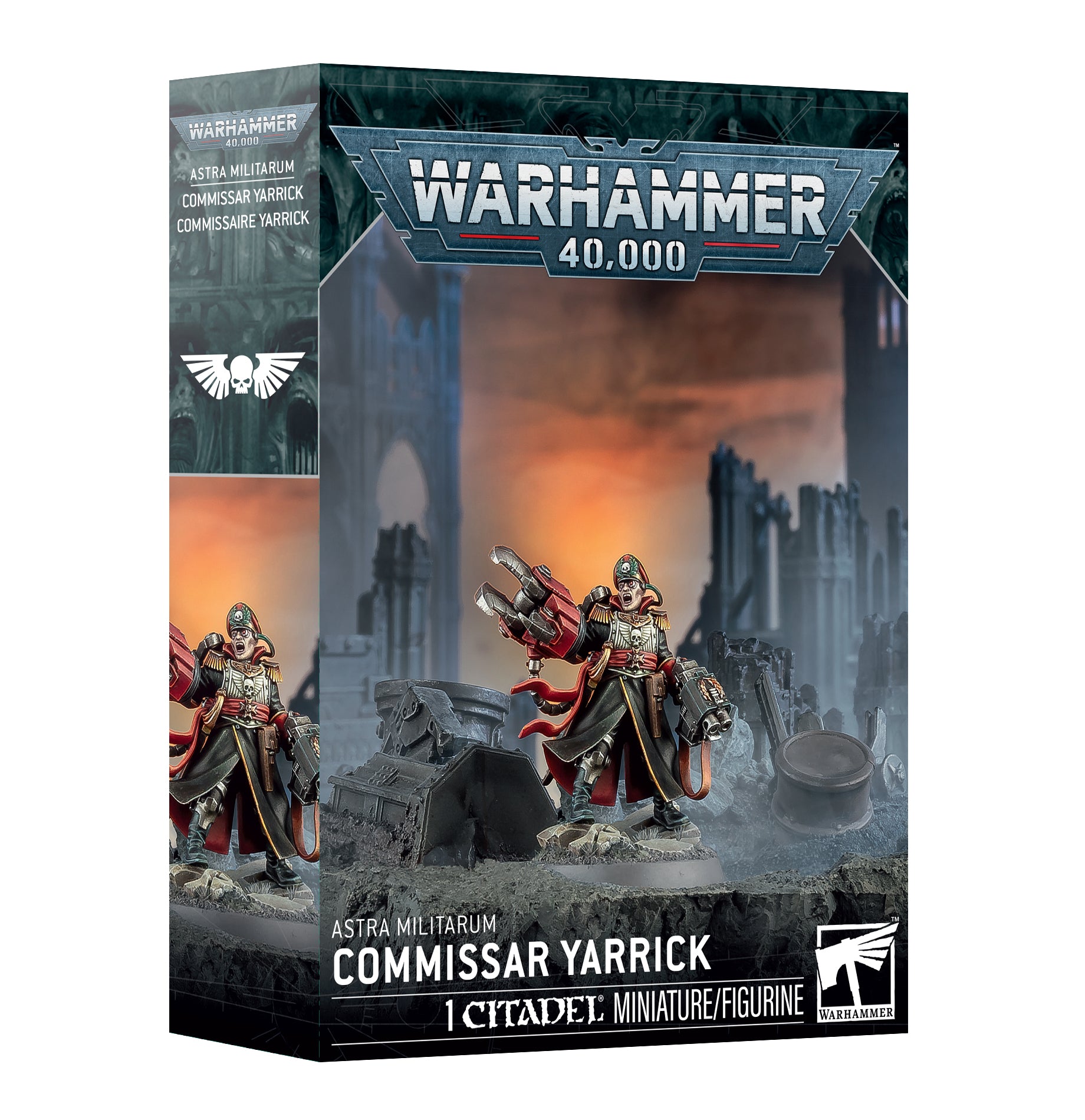 Warhammer 40,000 - Astra Militarum - Commissar Yarrick (PREORDER) - Boxed Warhammer 40,000 Astra Militarum Commissar Yarrick miniature kit with dark sci-fi cityscape background and armored.
