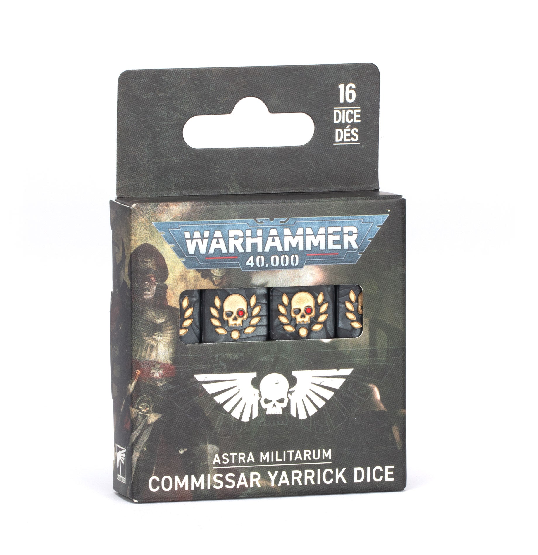 Warhammer 40,000 - Astra Militarum - Commissar Yarrick Dice (PREORDER) - Set of 16 black dice featuring skull and cog designs in white, packaged in Warhammer 40,000 Astra Militarum box.