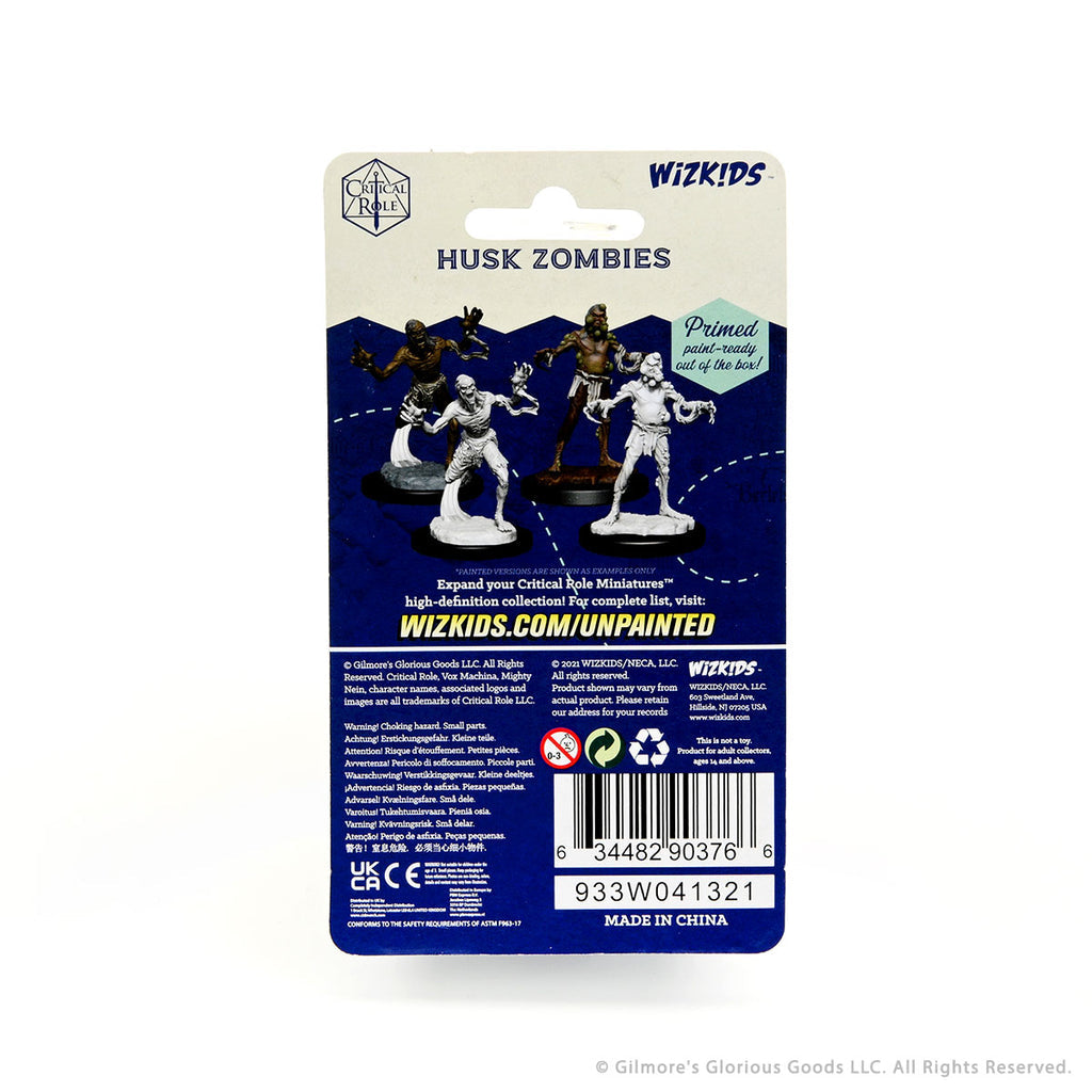 Critical Role Mini: Husk Zombies - Three unpainted plastic miniatures of skeletal Husk Zombies from Critical Role on a dark blue background card with product.