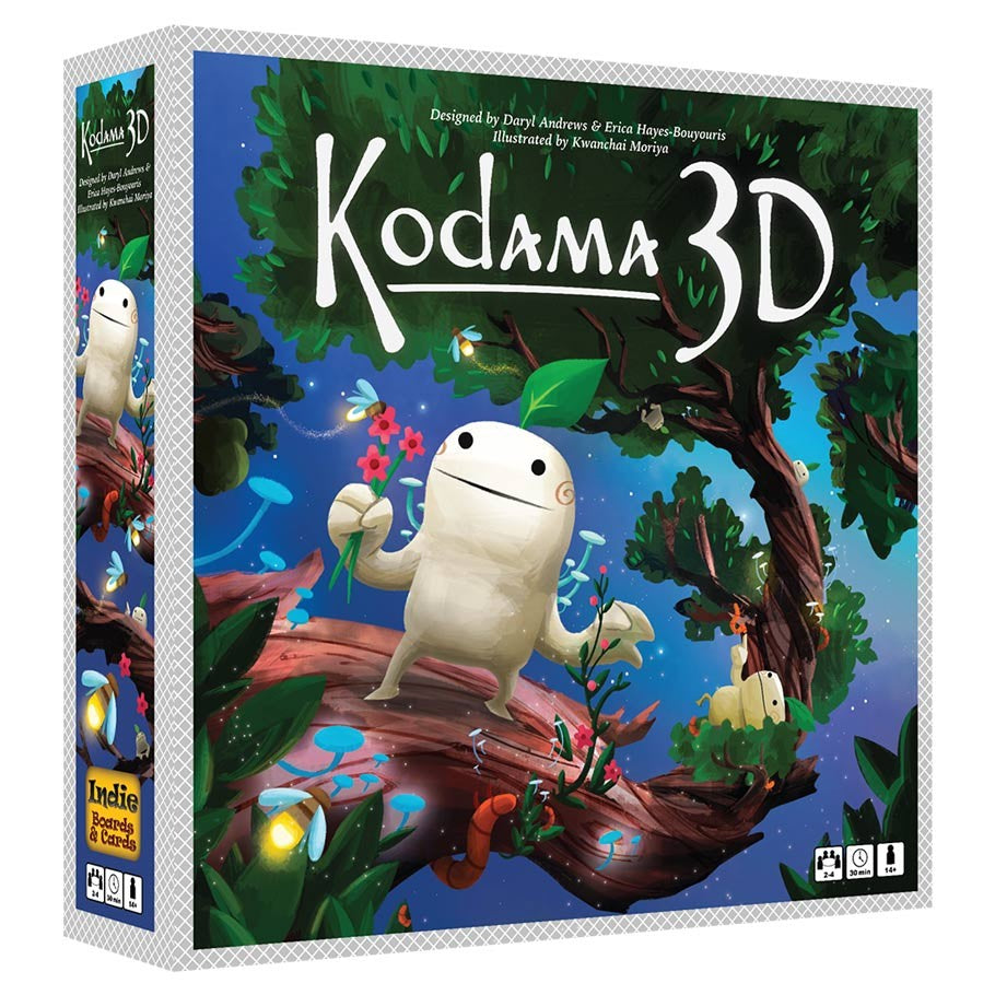 Kodama 3D - Kodama 3D board game box with whimsical forest creatures on a tree branch under a starry sky.