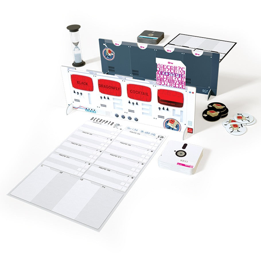Decrypto - Decrypto board game setup with player screens, code cards, sand timer, and sheets on white background.