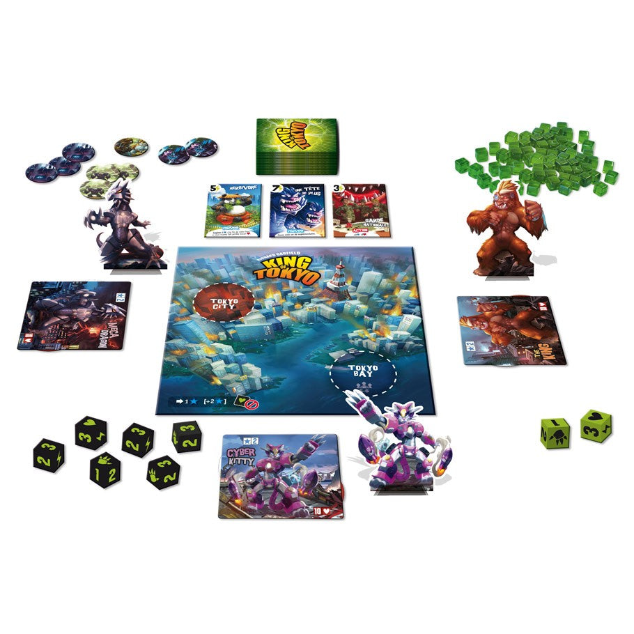 King of Tokyo 2E - King of Tokyo 2E board game layout with colorful monster figures, dice, cards, tokens, and game board.