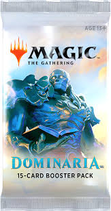 Magic: The Gathering - Dominaria Booster Pack - The Gathering Dominaria booster pack with blue armored warrior art on shiny silver packaging, 15-card set.