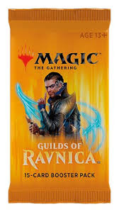Magic: The Gathering - Guilds of Ravnica Booster Pack - The Gathering Guilds of Ravnica booster pack with fantasy character artwork and black text.