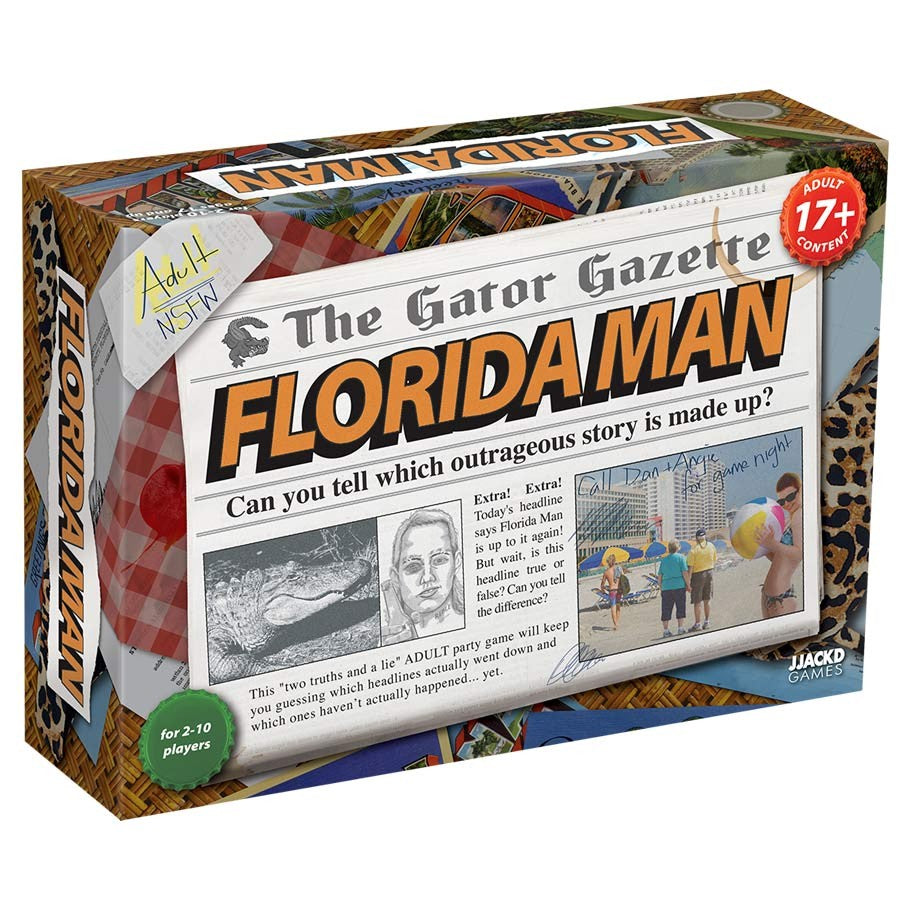 Florida Man - Florida Man party game box designed like a newspaper front page with headline and cartoon images.