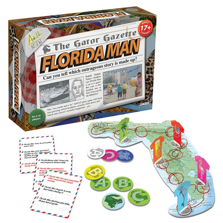 Florida Man - Florida Man party game box styled as a newspaper with cards and colorful game tokens shaped like Florida and letters.
