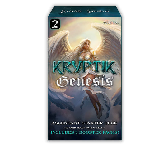 Kryptic TCG - Genesis Wave 2 Ascendant Starter Deck - Kryptic Genesis Ascendant Starter Deck box with angelic figure and glowing wings on dark blue background.