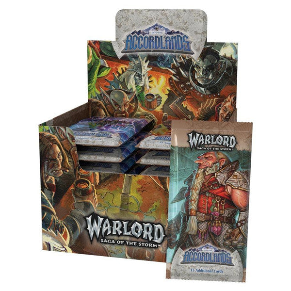 Warlord: Saga of the Storm - Into the Accordlands - Booster Display - Colorful booster display box featuring fantasy artwork with warriors and creatures, branded Warlord Saga of the Storm.
