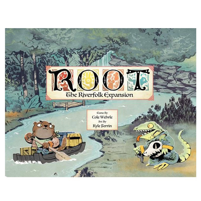 Root: The Riverfolk Expansion - The Riverfolk Expansion board game box with anthropomorphic animal characters and forest river background.