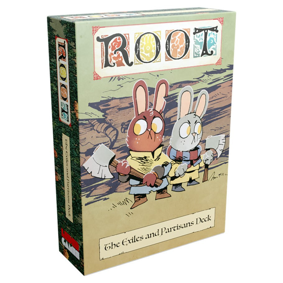 Root: Exiles & Partisans Deck Expansion - Root Exiles & Partisans Deck Expansion box featuring illustrated rabbit characters holding weapons on a forest background.