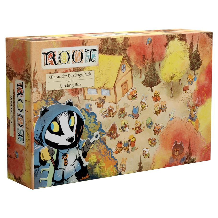 Root: Marauder Hirelings Pack & Box - Root Marauder Hirelings Pack expansion box with colorful forest and cartoon animal characters artwork.