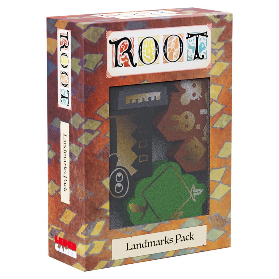 Root: Landmark Pack - Root Landmark Pack expansion box with autumn-themed artwork and window showing game tokens.