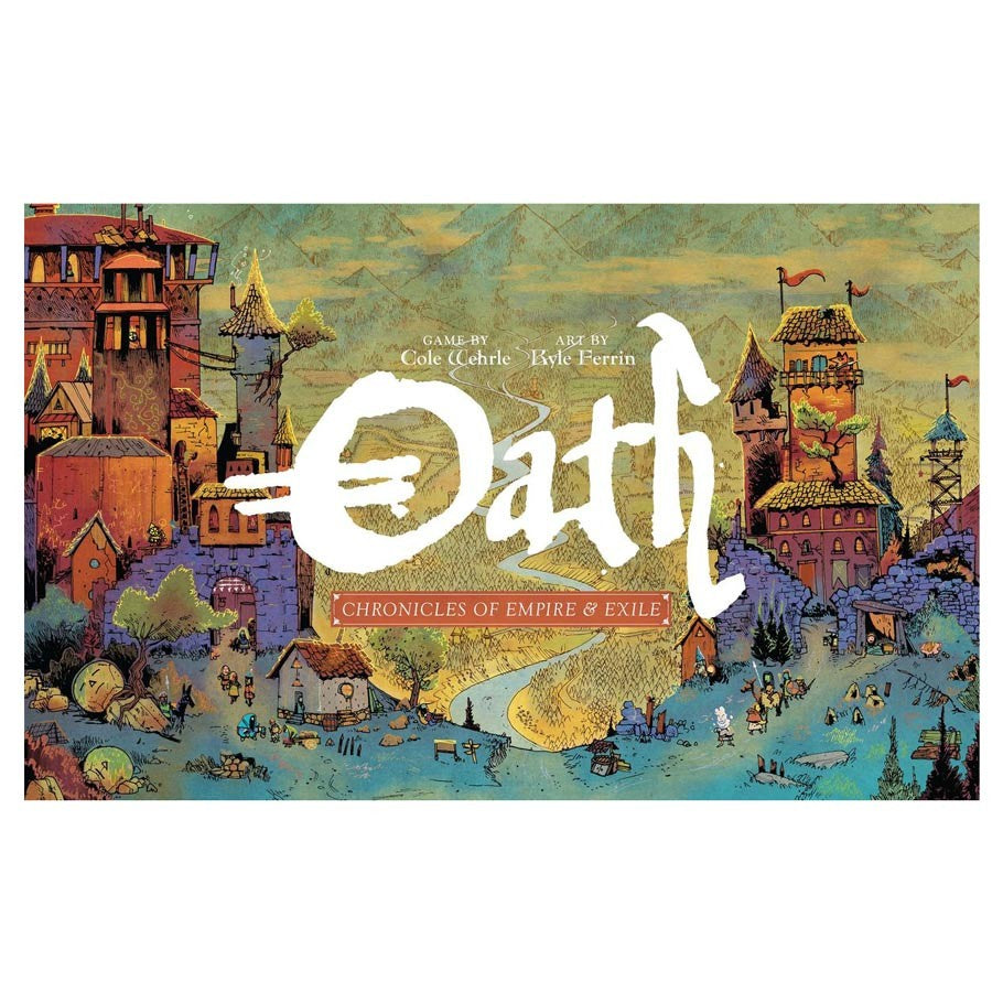Oath: Chronicles of Empire & Exile - Colorful fantasy landscape artwork with medieval buildings and crowds under a cloudy sky, featuring "Oath" logo and subtitle .
