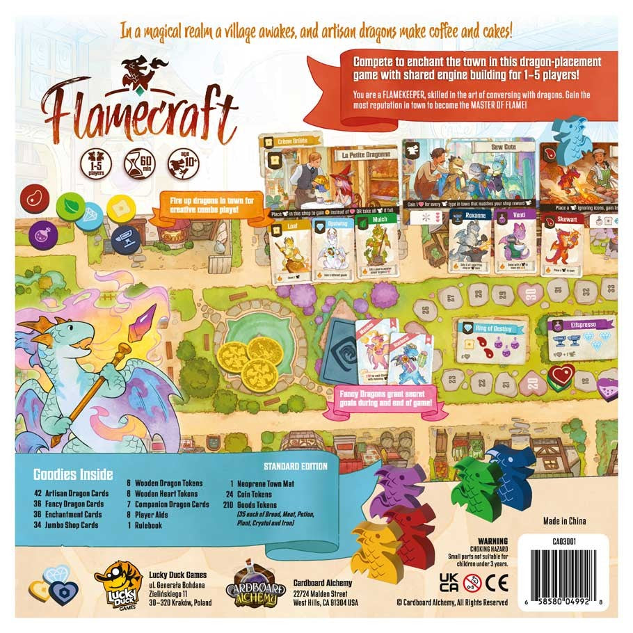 Flamecraft - Flamecraft board game layout with colorful dragon tokens, illustrated village cards, and game components on fantasy.