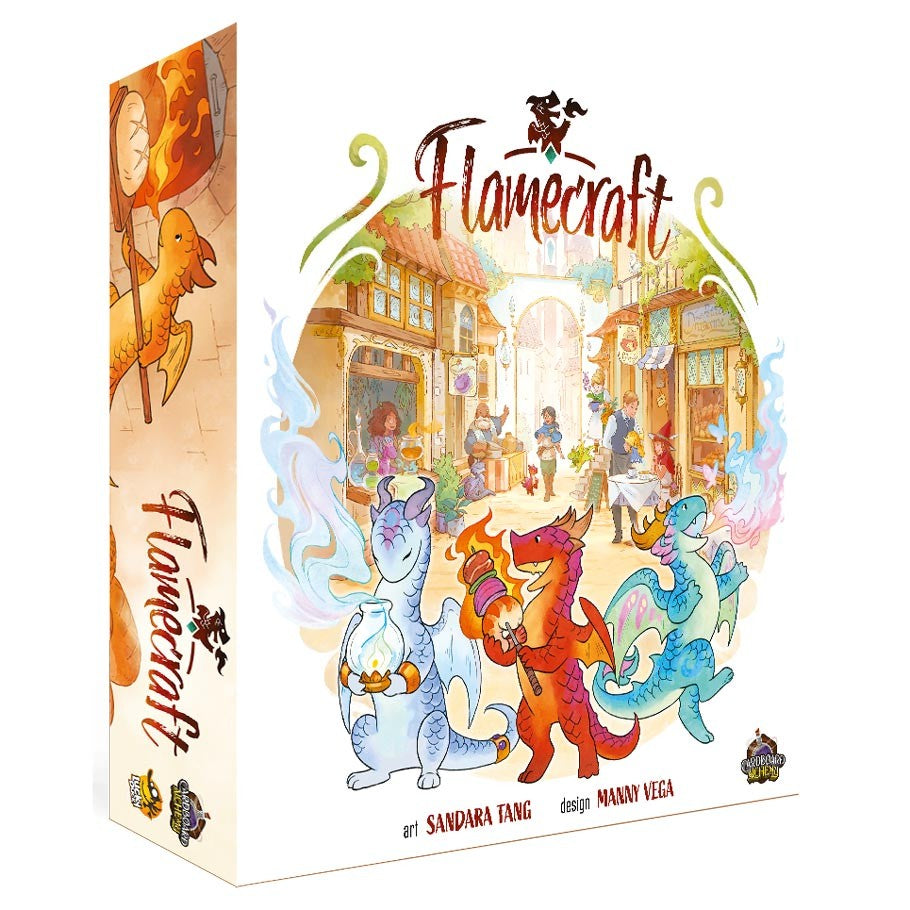 Flamecraft - Flamecraft board game box featuring colorful dragons and a lively fantasy village scene.