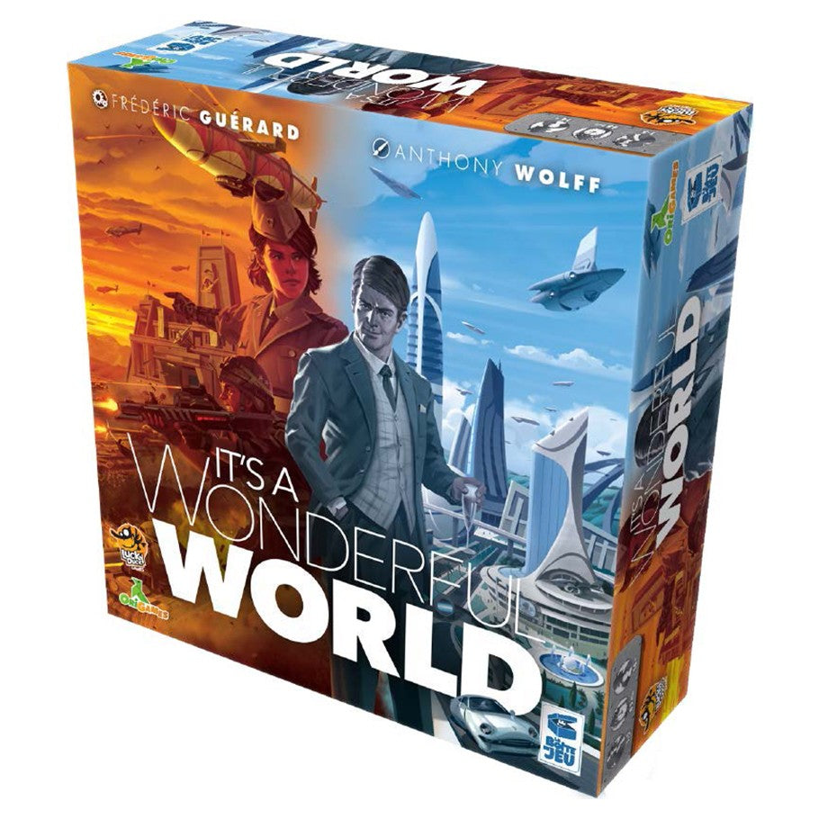 It's a Wonderful World - Colorful board game box featuring futuristic cityscape with skyscrapers, aircraft, and diverse characters.
