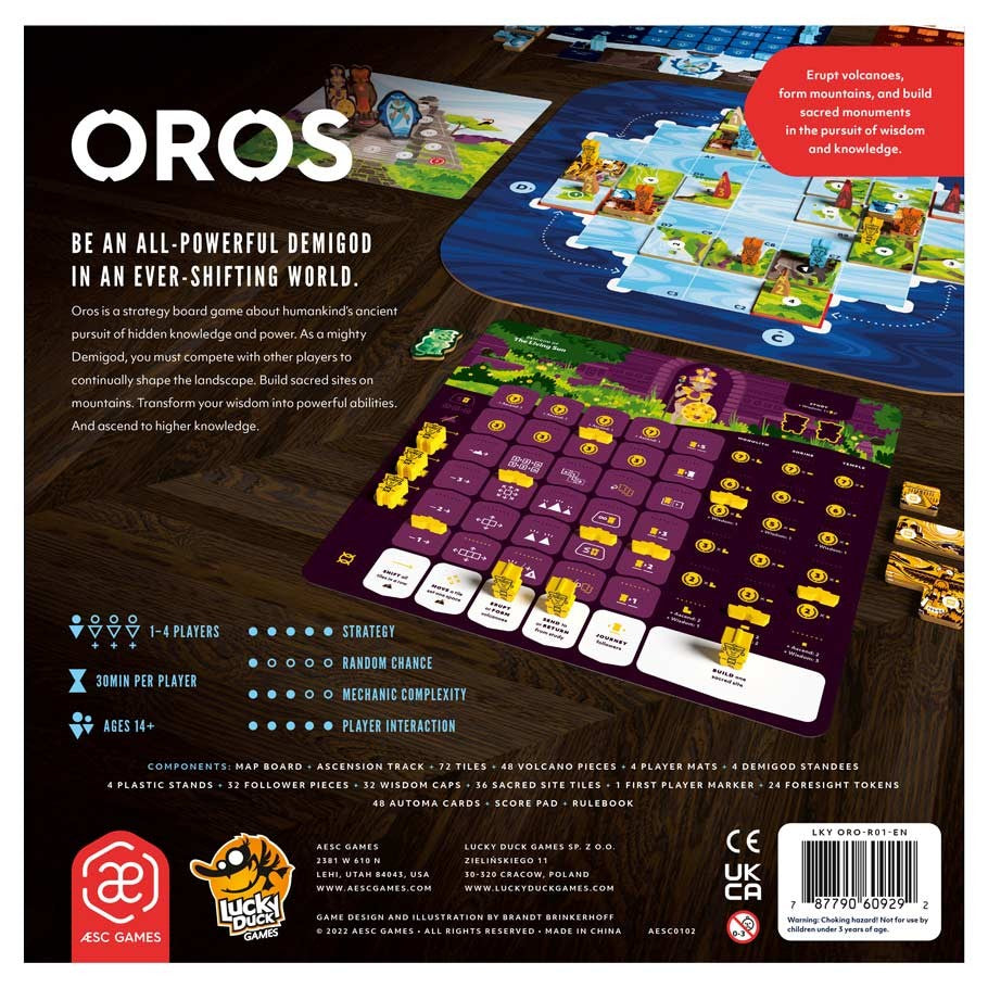 Oros - Oros strategy board game with colorful terrain tiles, player boards, and resource tokens on wooden table.