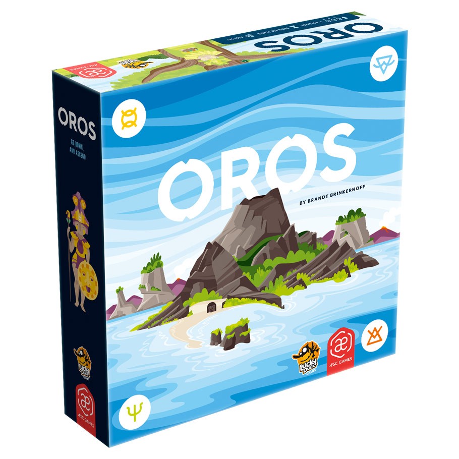 Oros - Oros strategy board game box featuring island and mountain artwork with blue ocean background.