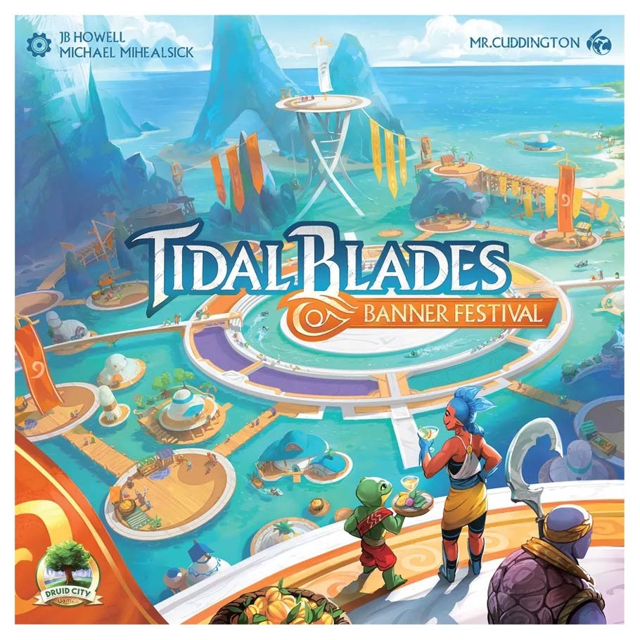Tidal Blades: Banner Festival - Colorful fantasy board game cover art featuring a vibrant festival scene with characters, tents, and a banner under a bright .