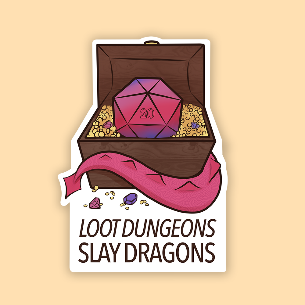 Loot Dungeons Slay Dragons DnD Sticker - Purple 20-sided die in open wooden treasure chest filled with gold coins and a draped pink cloth above text Loot Dungeons.