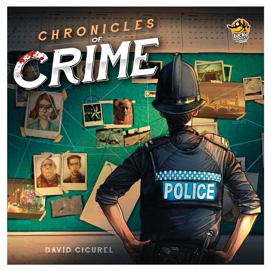 Chronicles of Crime - Detective in police gear examining crime scene board with photos and notes.