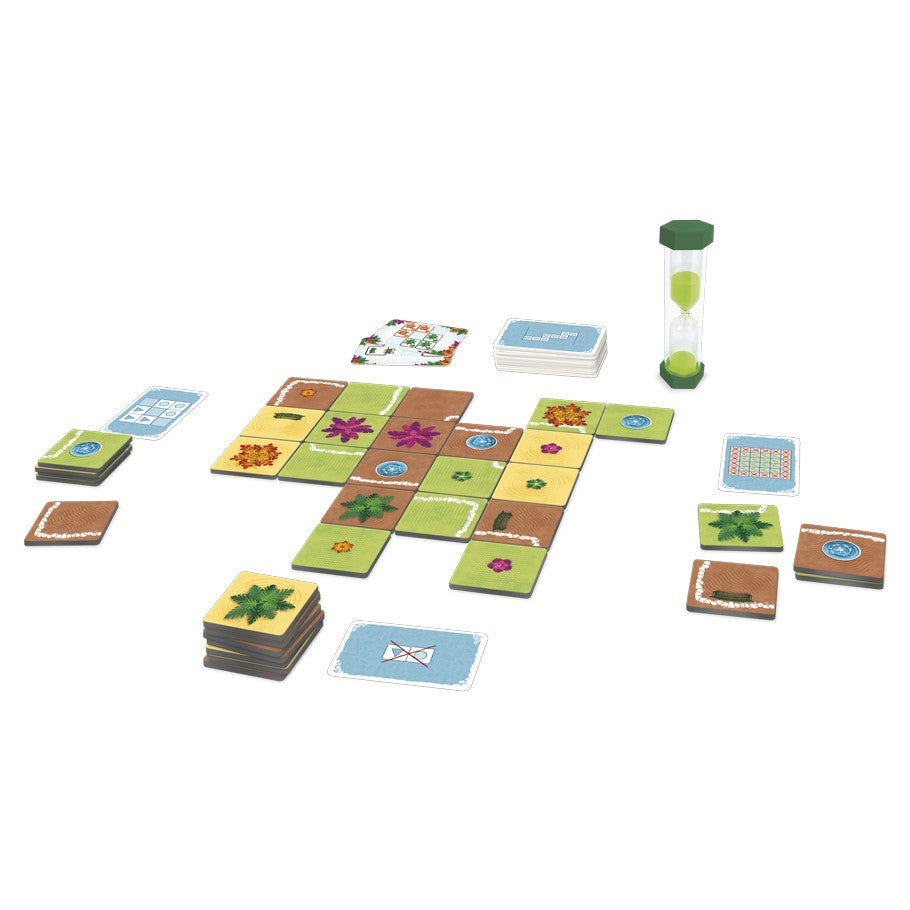 Gardeners - Cooperative board game with green garden tiles, flower tokens, card decks, and clear hourglass timer.