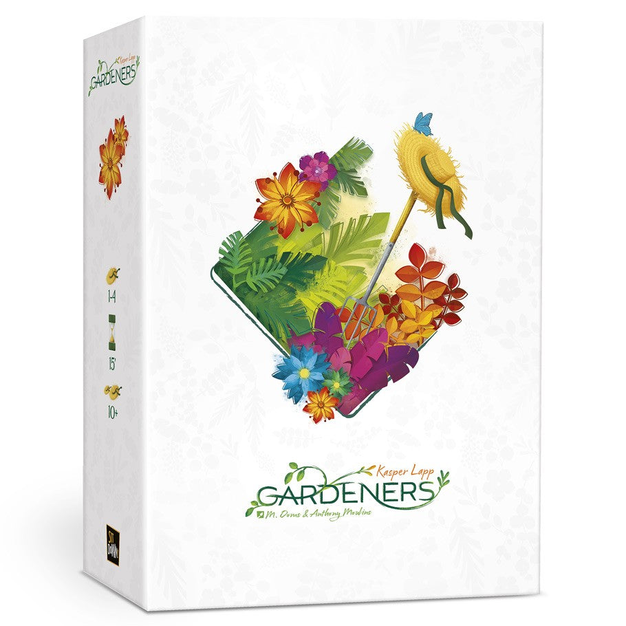 Gardeners - Gardeners board game box with vibrant colorful flowers and a yellow bird on white background.