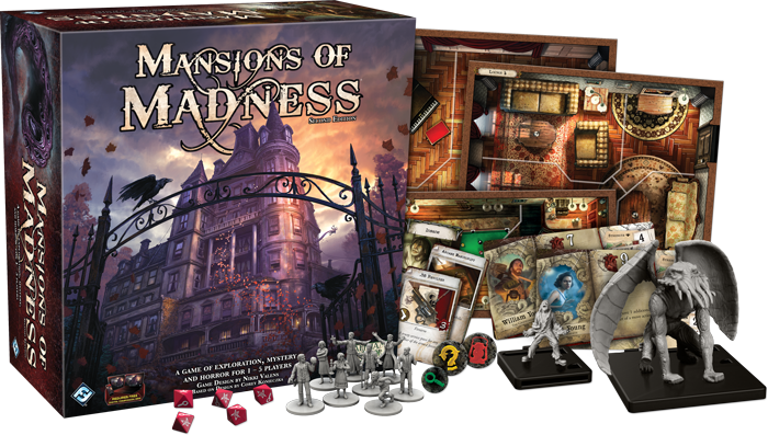 Mansions of Madness 2nd Edition - Mansions of Madness 2nd Edition board game box with detailed miniatures, cards, and game tiles displayed around it.