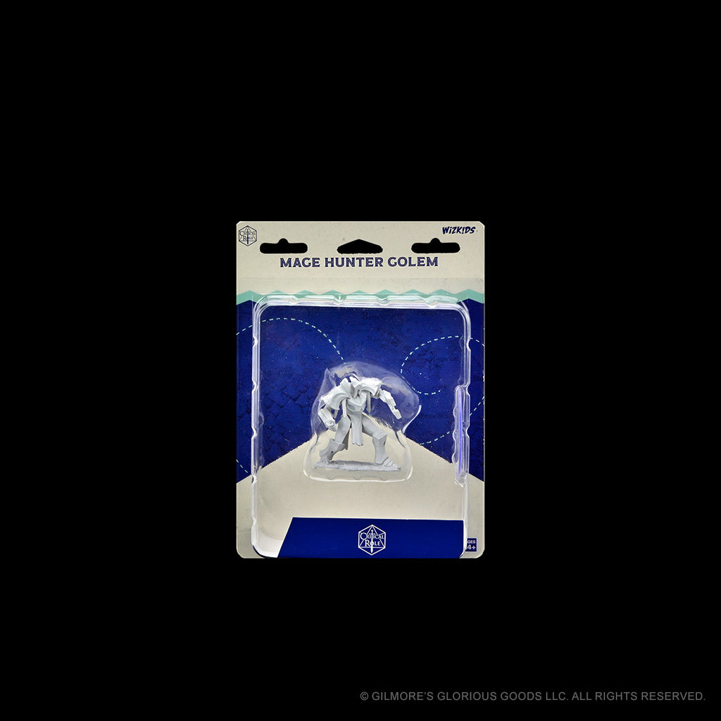 Critical Role Mini: Mage Hunter Golem - Unpainted Mage Hunter Golem miniature in clear plastic blister pack with white and blue Critical Role branding.