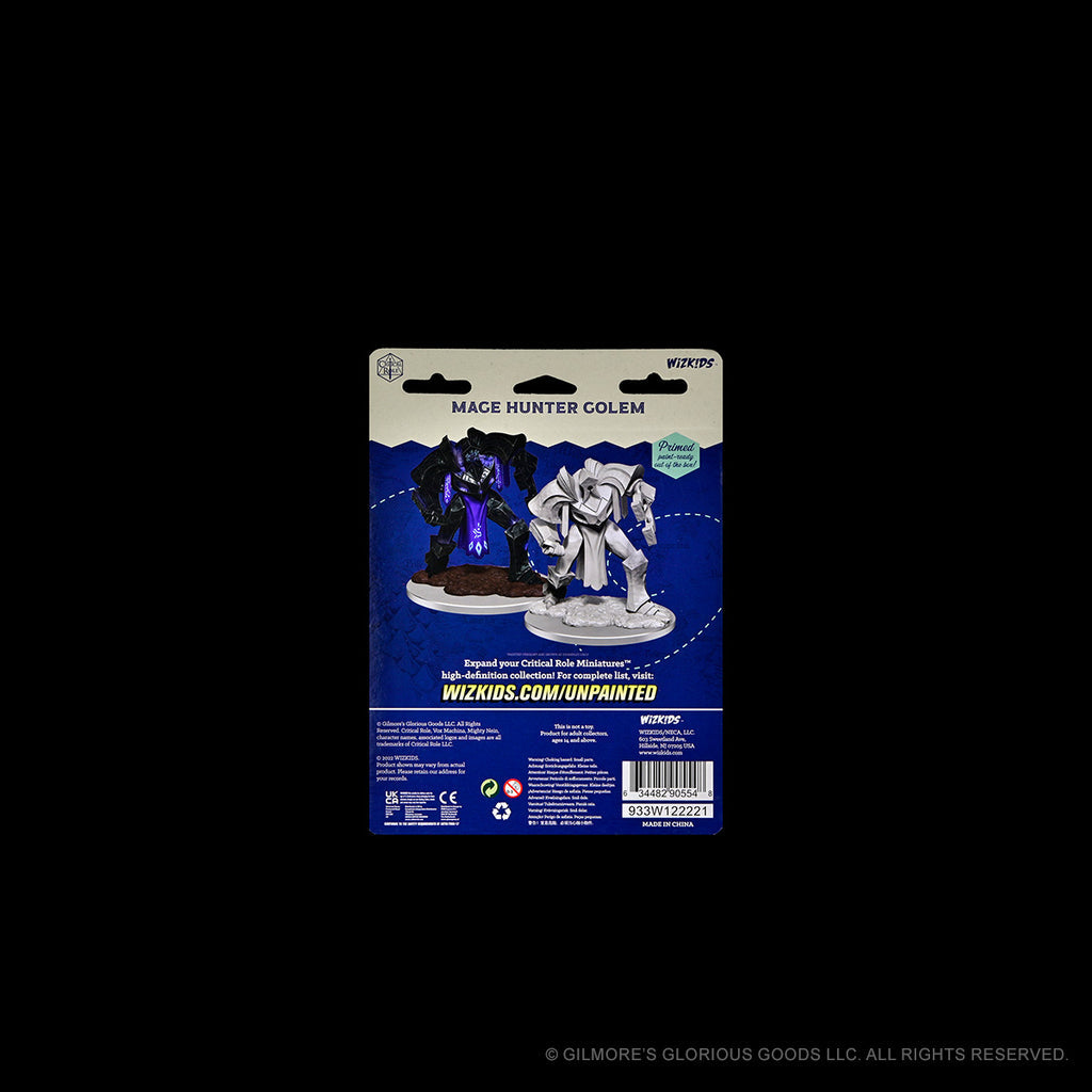 Critical Role Mini: Mage Hunter Golem - Critical Role Mini Mage Hunter Golem packaging showing two unpainted resin miniatures, one painted in dark blue and purple,.