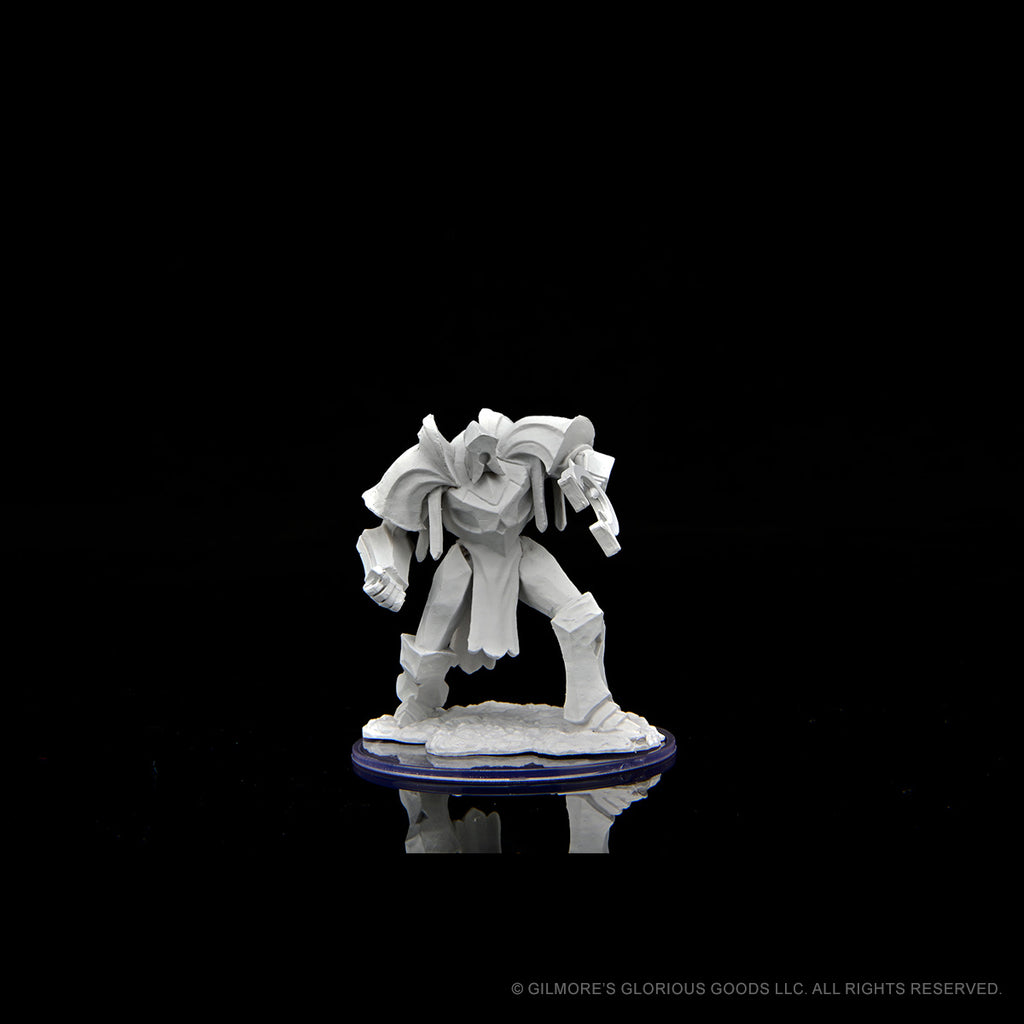 Critical Role Mini: Mage Hunter Golem - Unpainted Mage Hunter Golem miniature with armored figure and flowing cape on round base.
