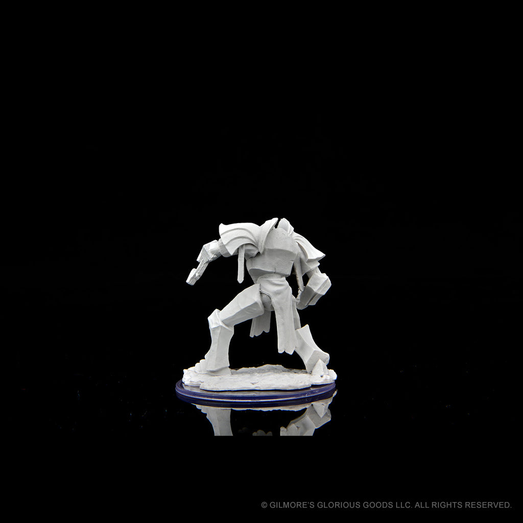 Critical Role Mini: Mage Hunter Golem - Unpainted Mage Hunter Golem miniature with armored limbs and hunched pose on circular base.