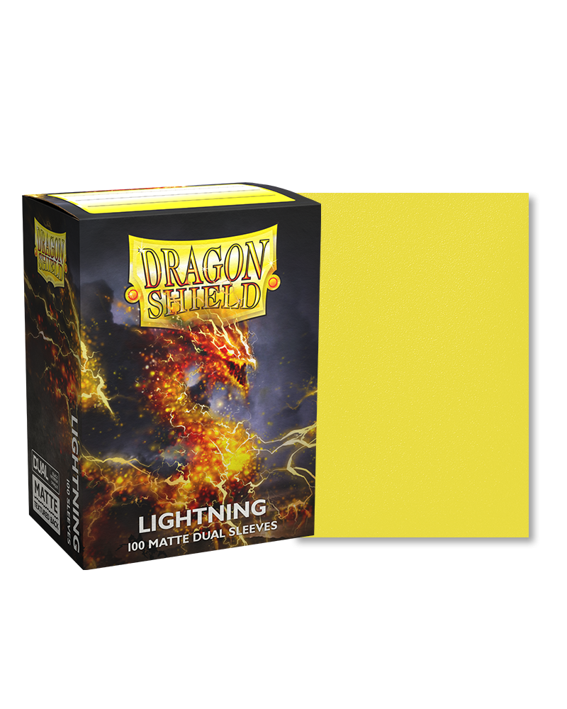 Dragon Shield Dual Sleeves 100ct Box - Matte Lightning - Dragon Shield Dual Sleeves 100ct box with fiery lightning dragon artwork and solid matte yellow inner sleeves.